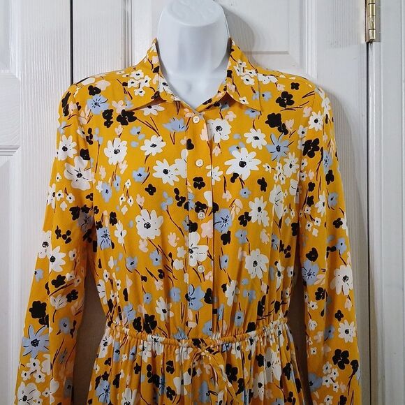 Loft Outlet  yellow floral print drawstring waist midi dress Sz S NWOT - Picture 3 of 8